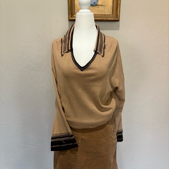 Vintage Harold’s Southwestern Embroidered Knit Top – Boho 70s Bell Sleeve Tan XL - Picture 1 of 16